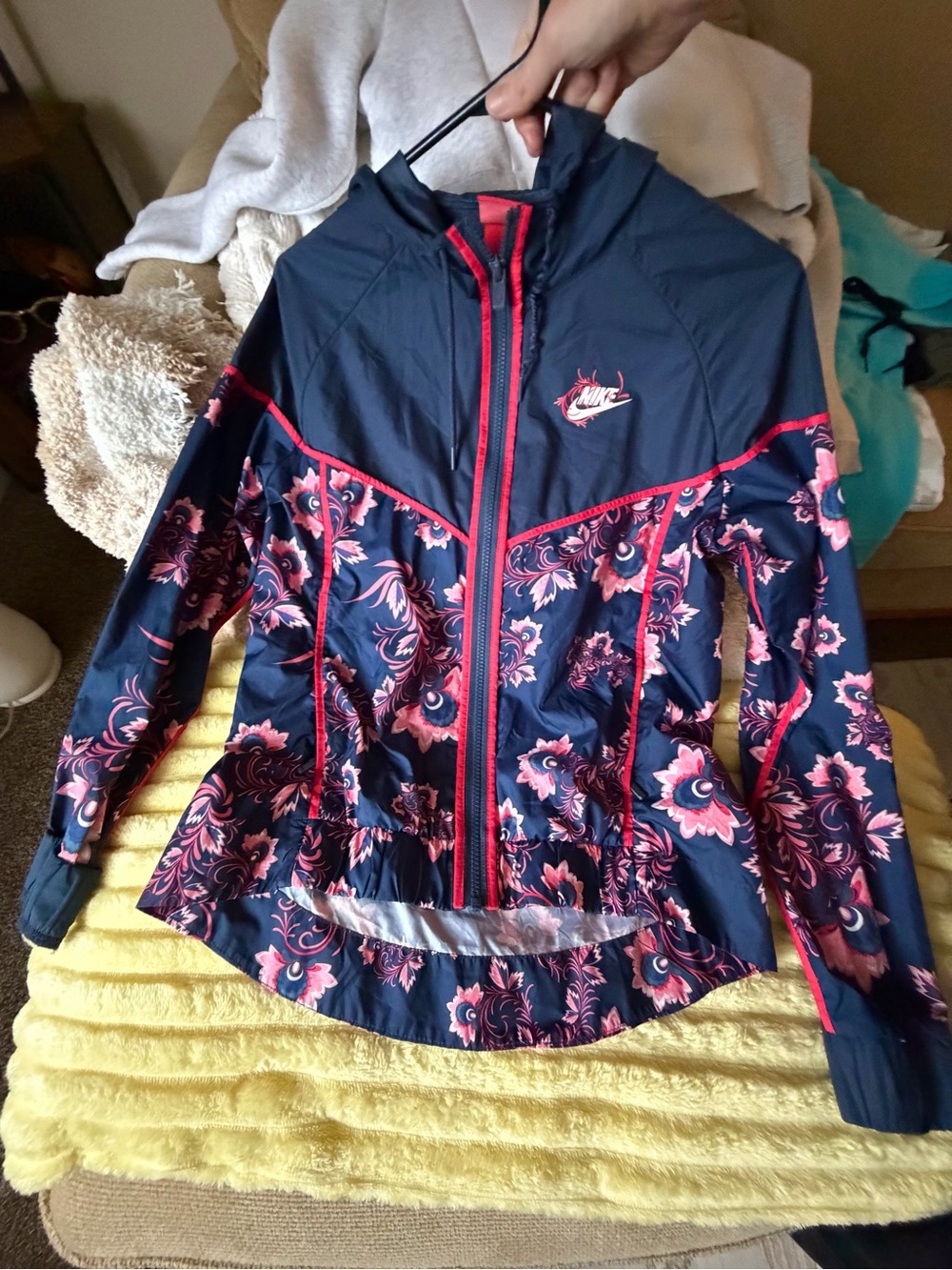 Nike Floral-Print Navy Windbreaker Jacket with Pink Trim